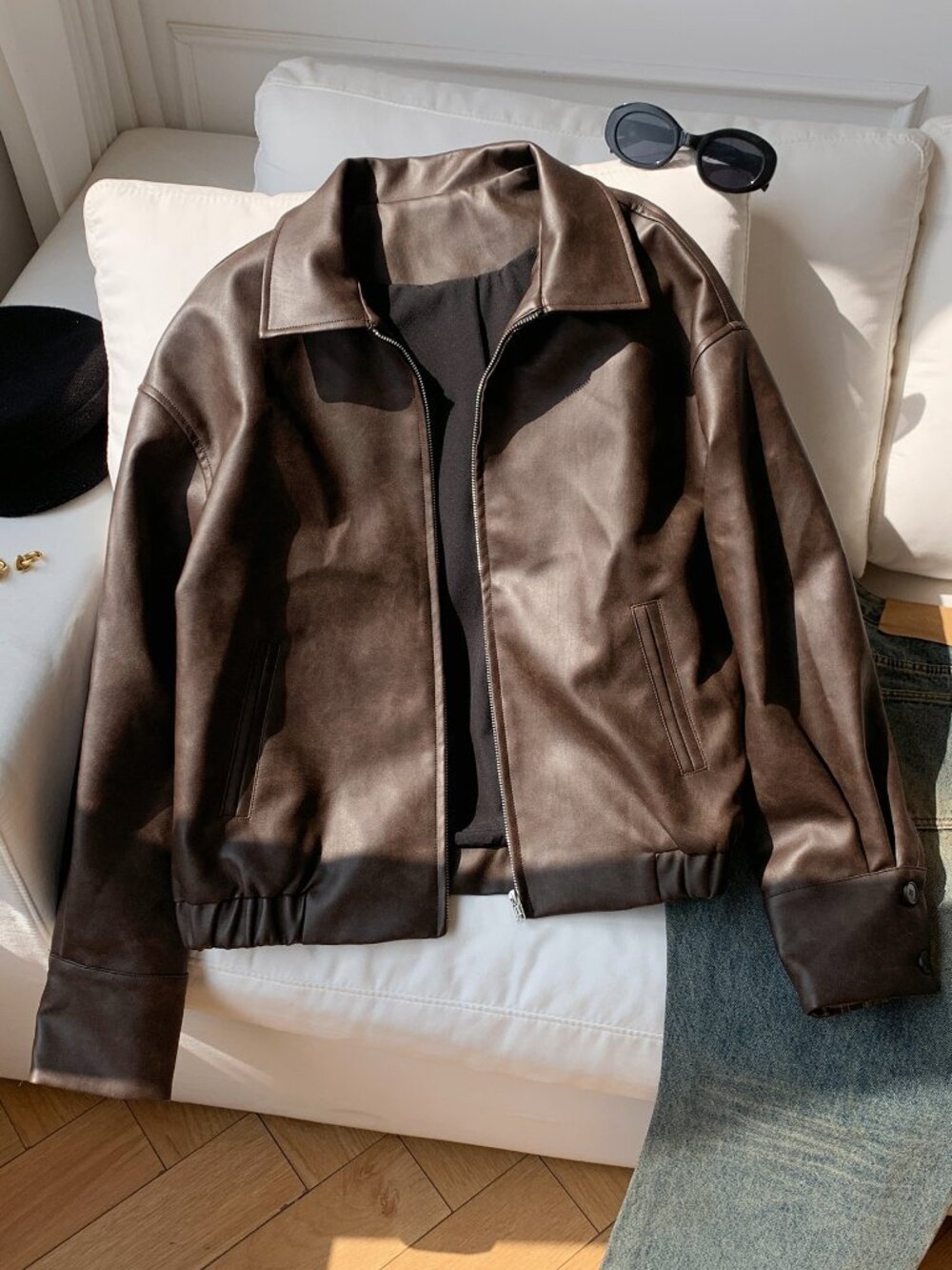 Brown Casual Women's faux leather Zipper Front Loose Jacket